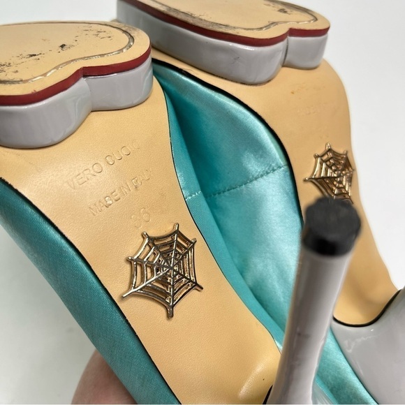 CHARLOTTE OLYMPIA Teal Aquamarine Satin Pointed-Toe Platform Grey Pumps Heels - Picture 11 of 12
